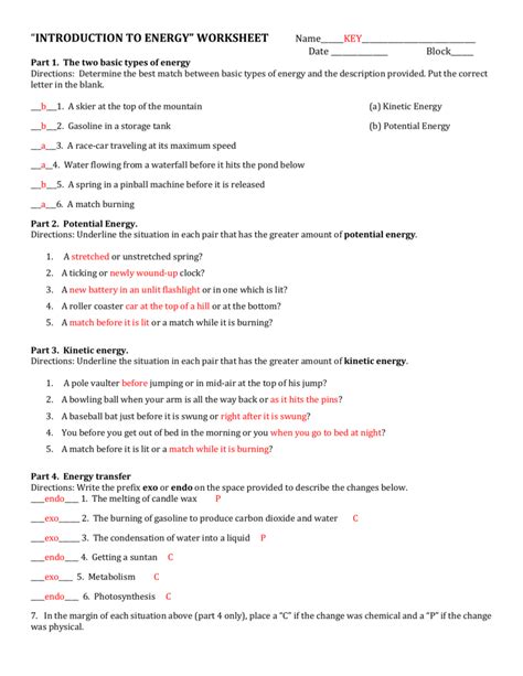 physical science unit introduction to energy worksheet answers